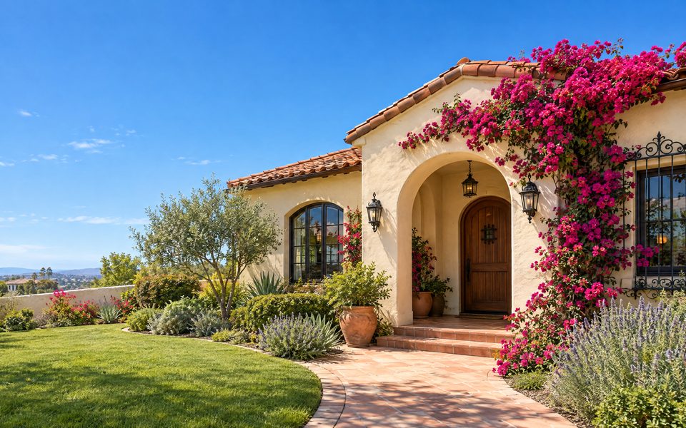 Casa estilo español con buganvilias