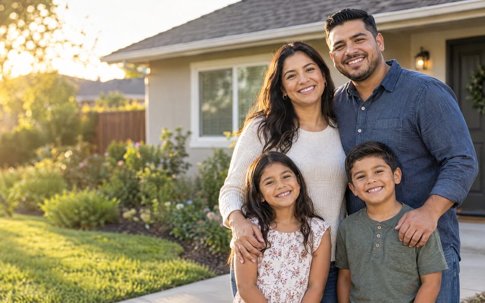 Familia sonriente frente a su casa